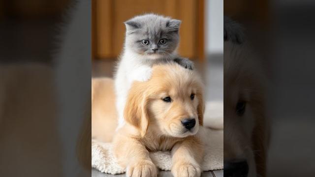 Kitten massages puppy's head. happy puppy paws. Kitten massages puppy's head. happy puppy paws.