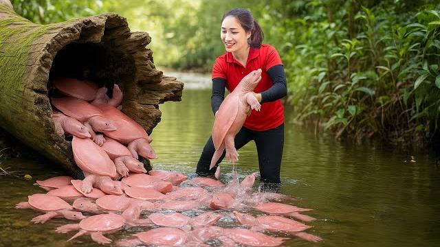 Harvesting giant softshell turtles from the stone stream to sell | survival challenge in forest Harvesting giant softshell turtles from the stone stream to sell | survival challenge in forest