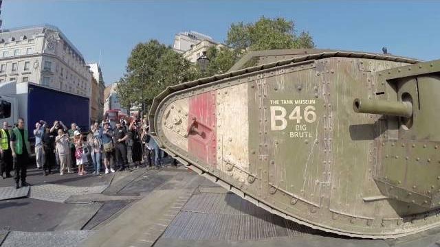 Tank 100 years - ww1 mark iv tank moving through london Tank 100 years - ww1 mark iv tank moving through london