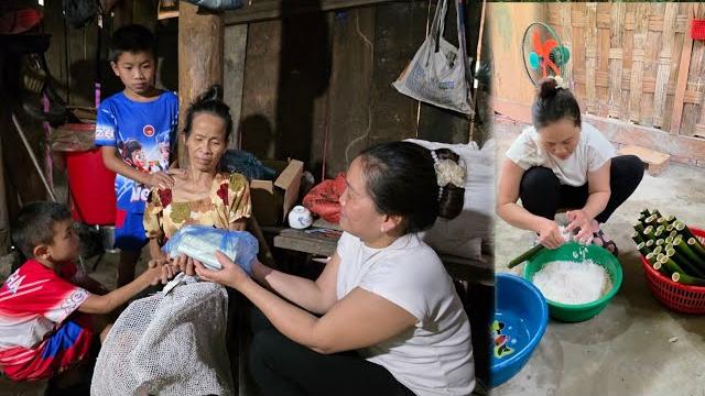 Making sticky rice with young bamboo tubes, with two sons visiting a sick single mother.dang thi du Making sticky rice with young bamboo tubes, with two sons visiting a sick single mother.dang thi du