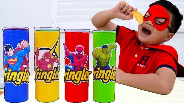 Alex and eric pretend play with magic superhero chips | kids food toys transforms into superheroes Alex and eric pretend play with magic superhero chips | kids food toys transforms into superheroes