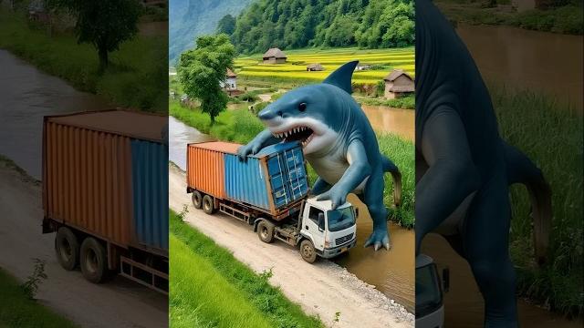 Evolution from a container truck captured by a giant shark monster to a wooden hut in the snow Evolution from a container truck captured by a giant shark monster to a wooden hut in the snow