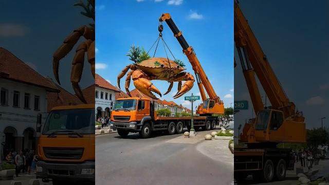 Evolution from a golden crab in a beautiful river to a giant crab carried by a crane truck Evolution from a golden crab in a beautiful river to a giant crab carried by a crane truck