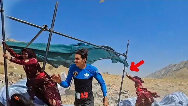 A severe storm destroyed fariba's tent. A severe storm destroyed fariba's tent.