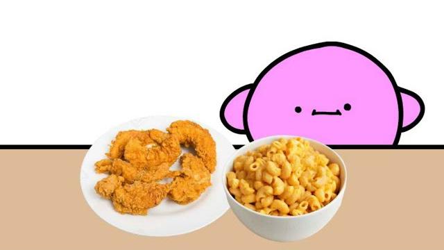 Kirby enjoys macaroni with the chicken strips Kirby enjoys macaroni with the chicken strips