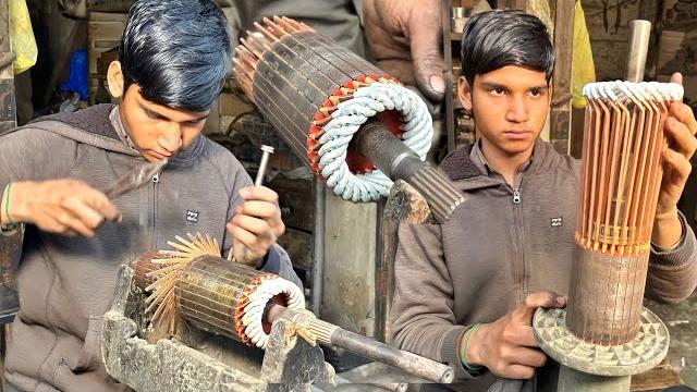 Skillful young guy rewinding process of caterpillar starter motor-rebuilding starter motor armature Skillful young guy rewinding process of caterpillar starter motor-rebuilding starter motor armature