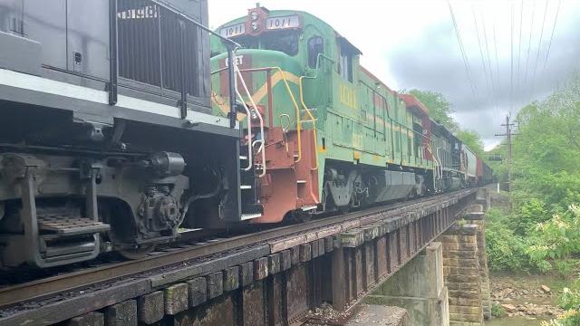 3 locomotive train on bridge w/green monster locomotive, csx under ns, fast train with loud dpu 3 locomotive train on bridge w/green monster locomotive, csx under ns, fast train with loud dpu