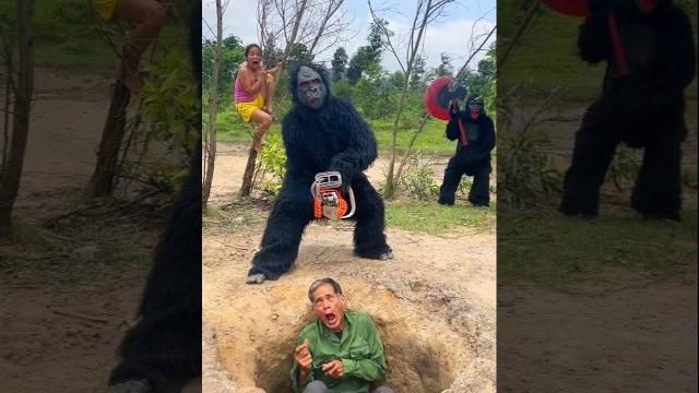 2 ferocious gorilla monsters attack beautiful brave girl and poor scared old man hiding in the hole 2 ferocious gorilla monsters attack beautiful brave girl and poor scared old man hiding in the hole