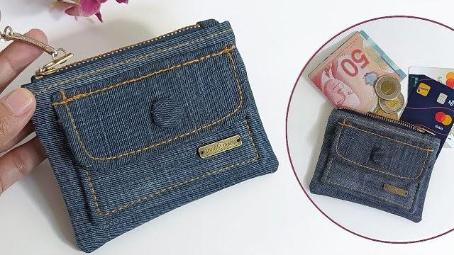 Diy simple mini denim money and card purse out of old jeans | wallet tutorial | upcycled craft Diy simple mini denim money and card purse out of old jeans | wallet tutorial | upcycled craft