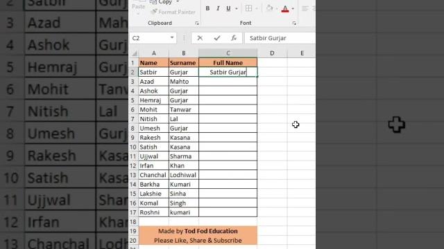Flash fill- full name- excel tips & tricks from @todfodeducation Flash fill- full name- excel tips & tricks from @todfodeducation