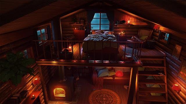 Cozy cabin at night with rain sounds and crackling fireplace for sleep, study and relax Cozy cabin at night with rain sounds and crackling fireplace for sleep, study and relax