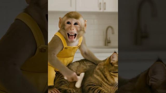 Cute baby monkey and cat Cute baby monkey and cat