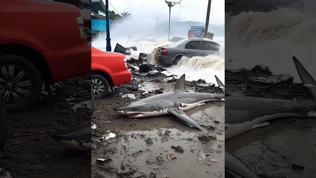 Town and stranded shark in tsunami#disaster and survival#tsunami#town#stranded shark#wave impact Town and stranded shark in tsunami#disaster and survival#tsunami#town#stranded shark#wave impact