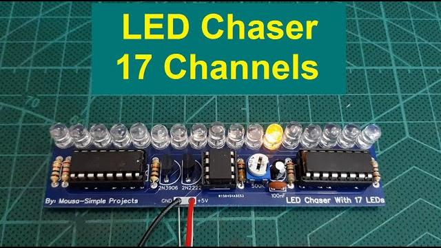 Led chaser with 17 leds (cascading ic 4017) Led chaser with 17 leds (cascading ic 4017)