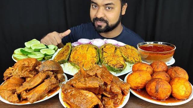 Spicy duck curry, egg curry, rice, brinjal fry, salad, gravy, onion mukbang eating show | big bites Spicy duck curry, egg curry, rice, brinjal fry, salad, gravy, onion mukbang eating show | big bites