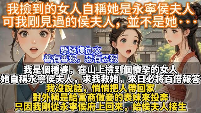 完結懸疑復仇文:我撿到的女人自稱她是永寧侯夫人,可我剛見過的侯夫人,並不是她···我是個穩婆。在山上撿到個懷孕的女人。她自稱永寧侯夫人。求我救她,來日必將百倍報答。我沒說話,悄悄把人帶回家。 完結懸疑復仇文:我撿到的女人自稱她是永寧侯夫人,可我剛見過的侯夫人,並不是她···我是個穩婆。在山上撿到個懷孕的女人。她自稱永寧侯夫人。求我救她,來日必將百倍報答。我沒說話,悄悄把人帶回家。