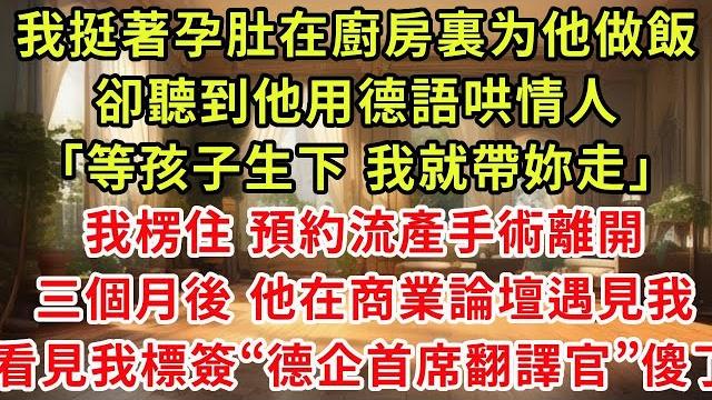 我挺著孕肚在廚房裏做飯,卻聽到他用德語哄情人「等孩子生下,我就帶妳走。」我楞住 預約流產手術離開,三個月後,顧景塵在商業論壇遇見我,看見我標簽“德企首席翻譯官”傻了#復仇 #小新推文 #小说 我挺著孕肚在廚房裏做飯,卻聽到他用德語哄情人「等孩子生下,我就帶妳走。」我楞住 預約流產手術離開,三個月後,顧景塵在商業論壇遇見我,看見我標簽“德企首席翻譯官”傻了#復仇 #小新推文 #小说