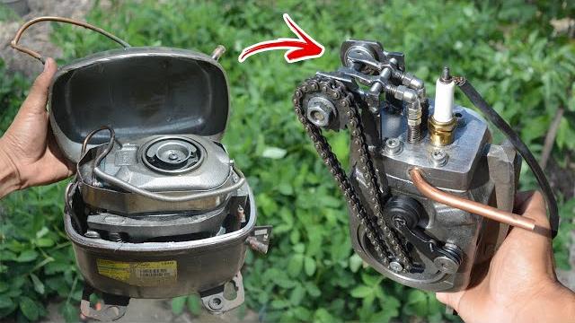 I turn fridge compressor into 4 stroke engine I turn fridge compressor into 4 stroke engine