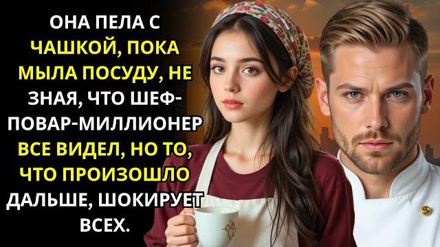 Девушка мыла посуду и пела с чашкой, не зная, что за ней наблюдает шеф-повар-миллионер. Девушка мыла посуду и пела с чашкой, не зная, что за ней наблюдает шеф-повар-миллионер.