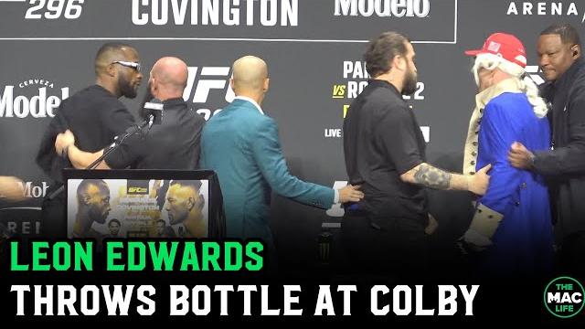 Leon edwards throws bottle at colby covington after late dad joke | ufc 296 press conference Leon edwards throws bottle at colby covington after late dad joke | ufc 296 press conference