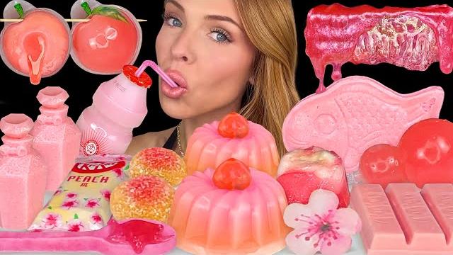 Asmr mukbang, pink desserts, strawberry wafer cookie, peach kitkat, honeycomb, milk wax candy 먹방 Asmr mukbang, pink desserts, strawberry wafer cookie, peach kitkat, honeycomb, milk wax candy 먹방