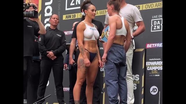 Cherneka johnson vs. ellie scotney - weigh-in face-off - (matchroom boxing: edwards vs. campos) Cherneka johnson vs. ellie scotney - weigh-in face-off - (matchroom boxing: edwards vs. campos)