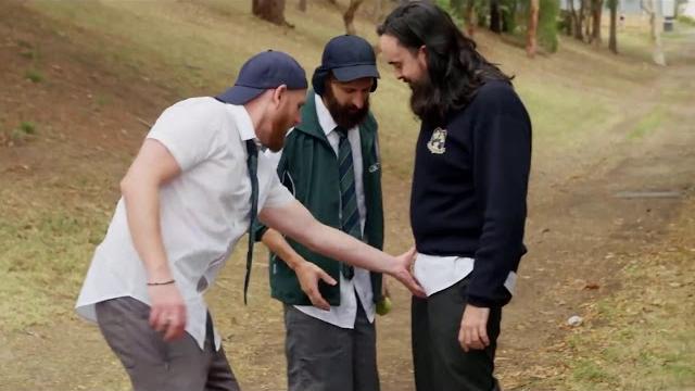 Weird pedo makes his friends touch his balls Weird pedo makes his friends touch his balls