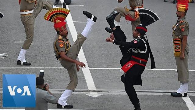 Guards at india-pakistan border perform independence day ceremony Guards at india-pakistan border perform independence day ceremony