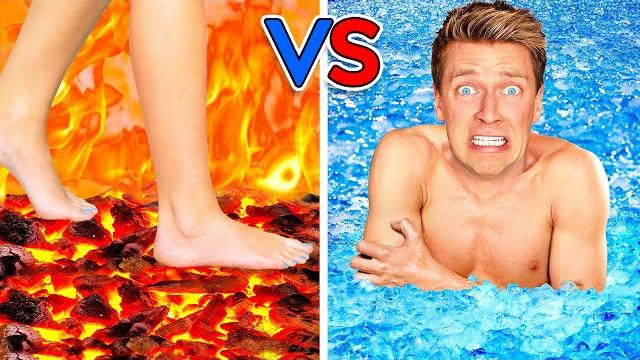 Walk on fire or swim through ice! extreme hot vs cold challenge - last girl to leave icy pool wins Walk on fire or swim through ice! extreme hot vs cold challenge - last girl to leave icy pool wins