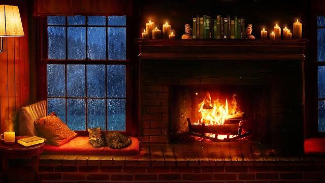Cozy cabin ambience - rain and fireplace sounds at night 8 hours for sleeping, reading, relaxation Cozy cabin ambience - rain and fireplace sounds at night 8 hours for sleeping, reading, relaxation