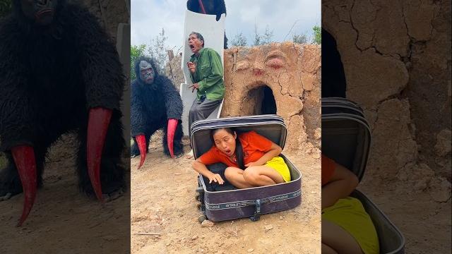 2 ferocious gorilla monsters attack brave girl and poor old man hides in suitcase in horror 2 ferocious gorilla monsters attack brave girl and poor old man hides in suitcase in horror