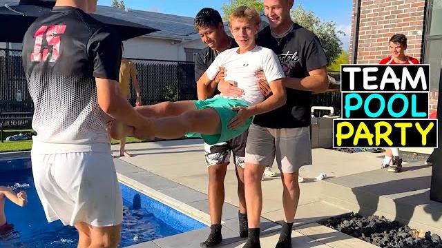 Thrown in pool by teammates at team party! Thrown in pool by teammates at team party!
