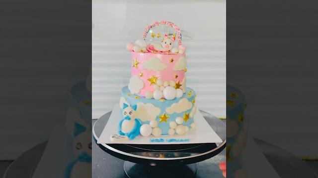 Customer ne banwaya apne bete or beti k liye 1 hi cake #mmk #pinkblue #2tiercake #cat #cake Customer ne banwaya apne bete or beti k liye 1 hi cake #mmk #pinkblue #2tiercake #cat #cake
