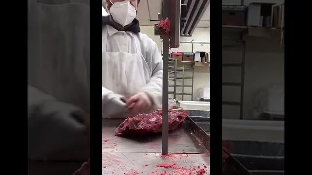 Worker cuts finger cutting meat Worker cuts finger cutting meat
