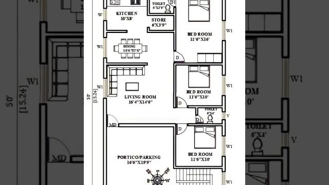 30' x 50' ground floor design | 2d 3bhk home plan | 1500 sqft home design | north facing house plan 30' x 50' ground floor design | 2d 3bhk home plan | 1500 sqft home design | north facing house plan