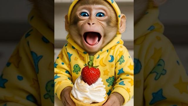 Baby monkey eating strawberry cake Baby monkey eating strawberry cake
