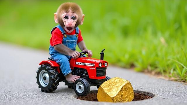 Monkey nana the drives a tractor , encounters an obstacle , and finds a valuable treasure Monkey nana the drives a tractor , encounters an obstacle , and finds a valuable treasure