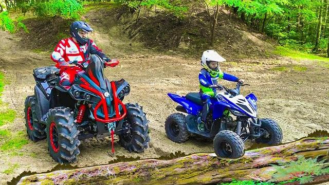 Den and dad ride on quad bikes in the forest family fun Den and dad ride on quad bikes in the forest family fun