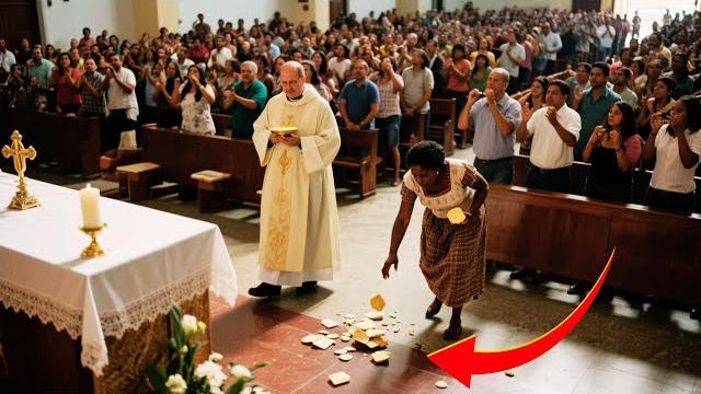 At mass, woman goes to the priest and desecrates the eucharist on the altar, the people reacted. At mass, woman goes to the priest and desecrates the eucharist on the altar, the people reacted.