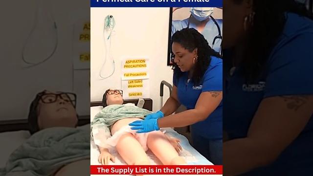 Cleaning a female resident and changing the adult diaper and bed pad Cleaning a female resident and changing the adult diaper and bed pad