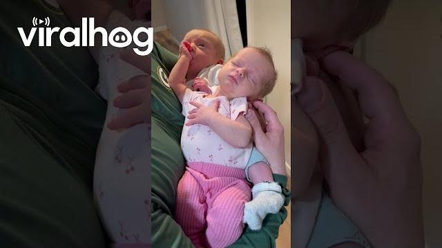 Baby boy sucks on twin sister's thumb || viralhog Baby boy sucks on twin sister's thumb || viralhog