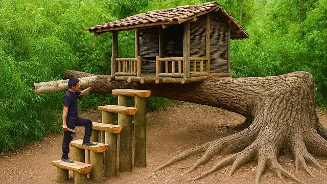 I built a bushcraft survival house on a giant fallen tree trunk I built a bushcraft survival house on a giant fallen tree trunk