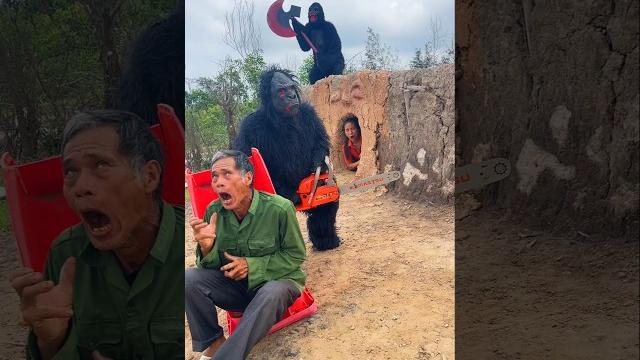 2 ferocious gorilla monsters attack beautiful brave girl and poor old man in the deep hole 2 ferocious gorilla monsters attack beautiful brave girl and poor old man in the deep hole
