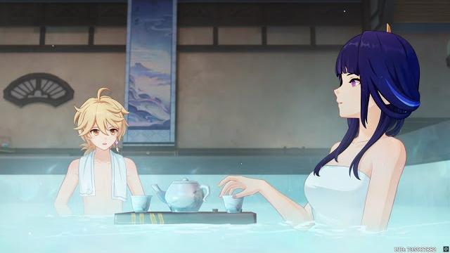 Aether bath scene with yae, raiden, & mizuki - cutscene | gensgin impact 5.4 mikawa flower festival Aether bath scene with yae, raiden, & mizuki - cutscene | gensgin impact 5.4 mikawa flower festival