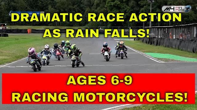 Ages 6 - 9 racing motorcycles as rain falls! road to moto gp british minibikes rd 4 race 2, wigan Ages 6 - 9 racing motorcycles as rain falls! road to moto gp british minibikes rd 4 race 2, wigan
