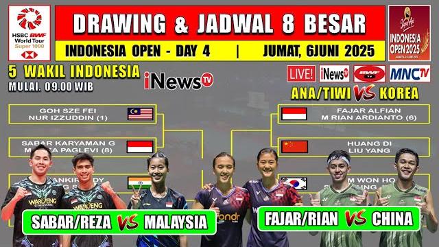Drawing & jadwal 8 besar indonesia open 2025 hari ini ~ fajri vs china ~ putri vs jepang ~ 5 wakil Drawing & jadwal 8 besar indonesia open 2025 hari ini ~ fajri vs china ~ putri vs jepang ~ 5 wakil