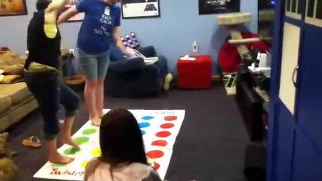 Hall girls playing twister with friends Hall girls playing twister with friends