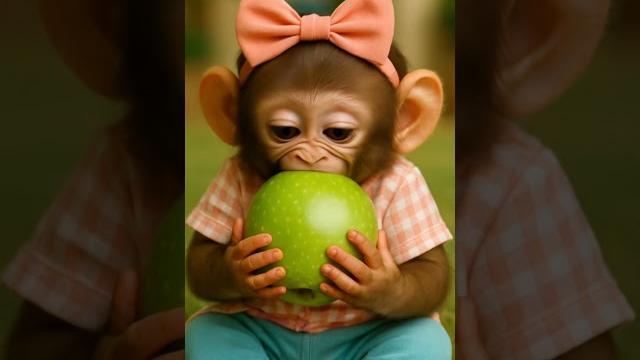 Cute monkey smiling after eating an apple Cute monkey smiling after eating an apple