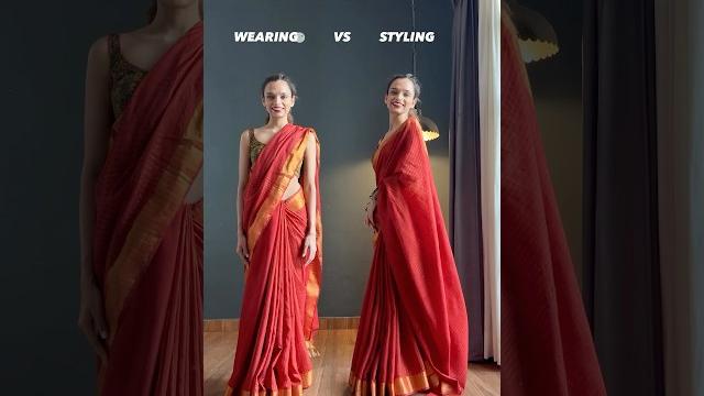 Wearing vs styling a cotton saree draping| hip pleat hack | monalisha mahapatra | #saree #red Wearing vs styling a cotton saree draping| hip pleat hack | monalisha mahapatra | #saree #red