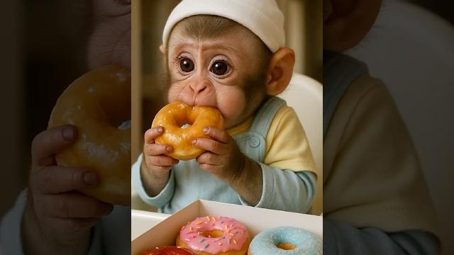 Baby monkey devours a donut like a real toddler! Baby monkey devours a donut like a real toddler!